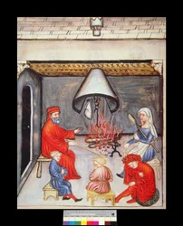 Gesprek voor het vuur, illustratie uit Tacuinum Sanitatis Codex Vindobonensis